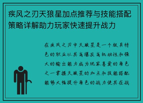 疾风之刃天狼星加点推荐与技能搭配策略详解助力玩家快速提升战力
